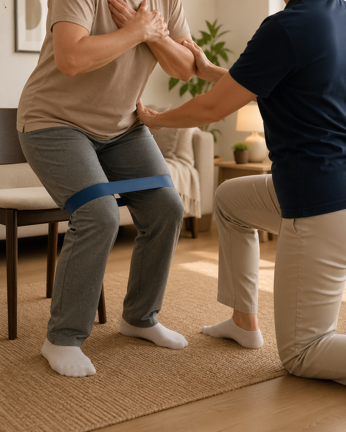 Home physiotherapy session showing lower-limb rehabilitation and mobility support